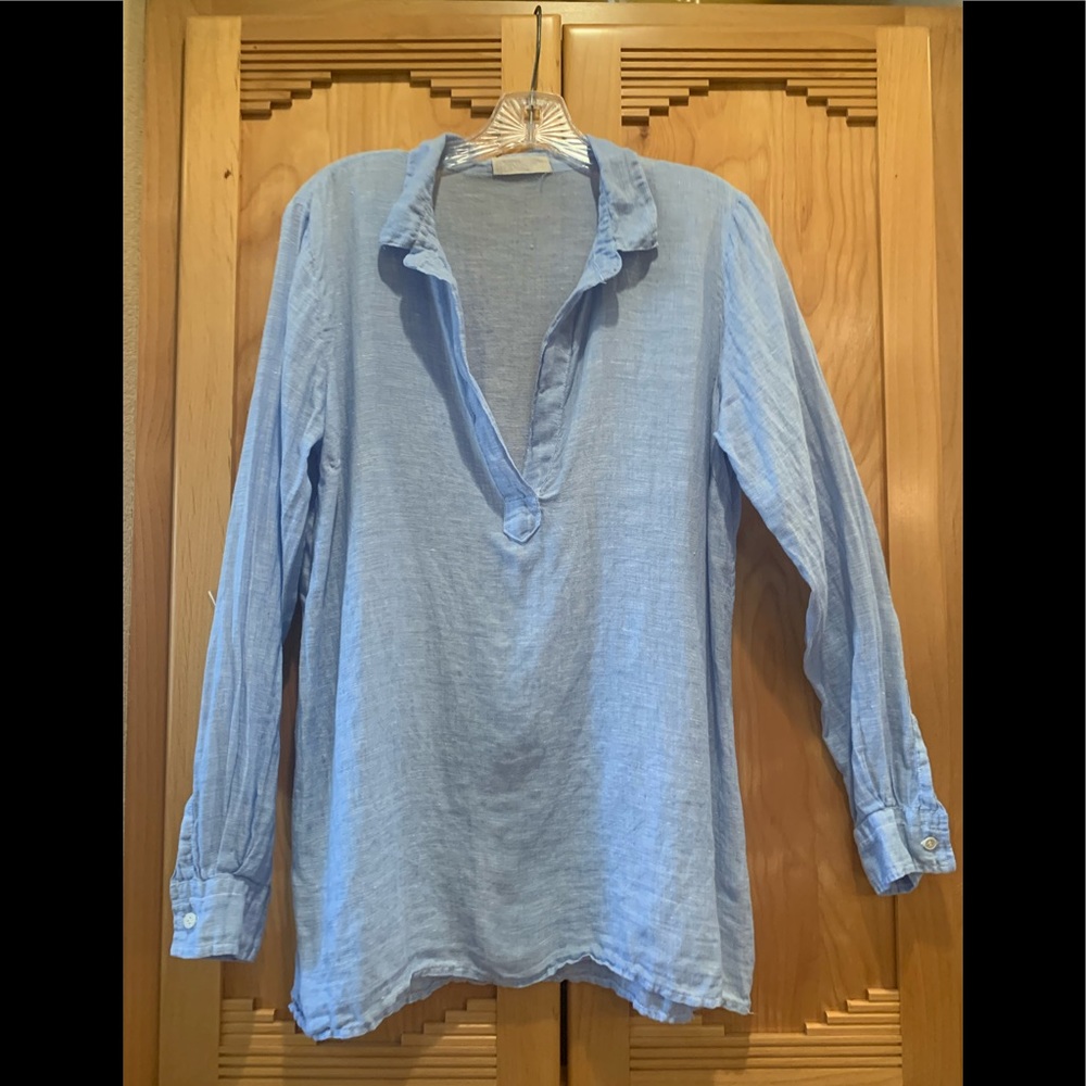 CP SHADES LINEN TUNIC. Light Blue. Small.